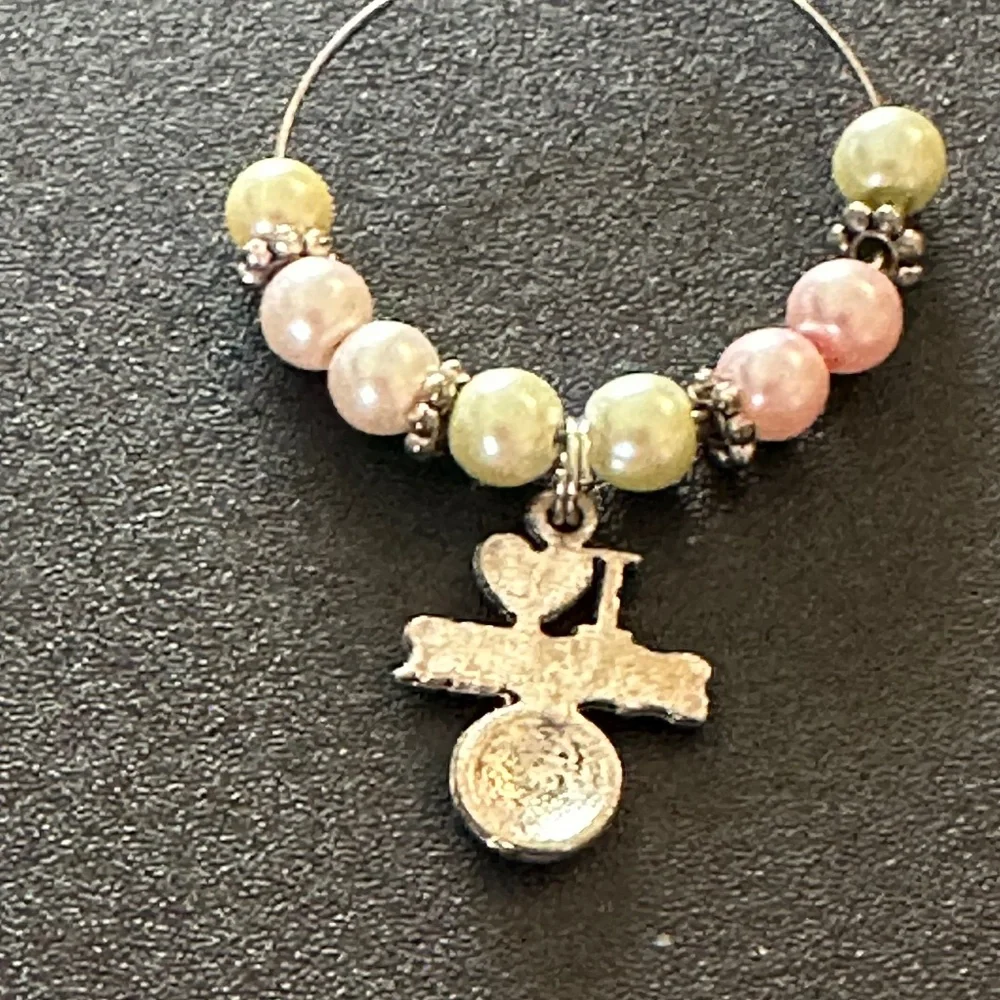 Wine glass tag, stainless steel hoop, yellow/pink beads, soccer charm